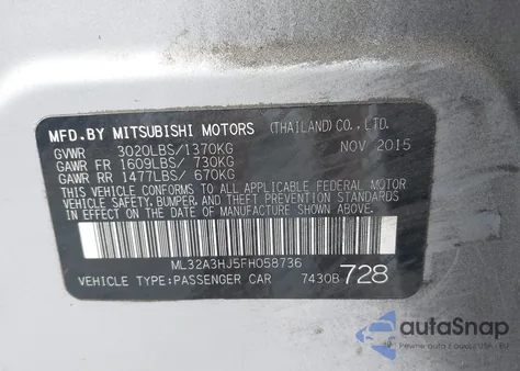 2015 Mitsubishi Mirage De/Rf from USA, damaged, VIN ML32A3HJ5FH058736